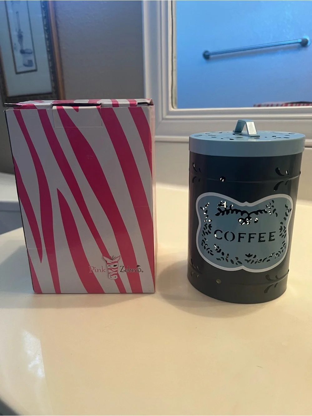 Pink Zebra Gray and Light Blue Coffee Canister